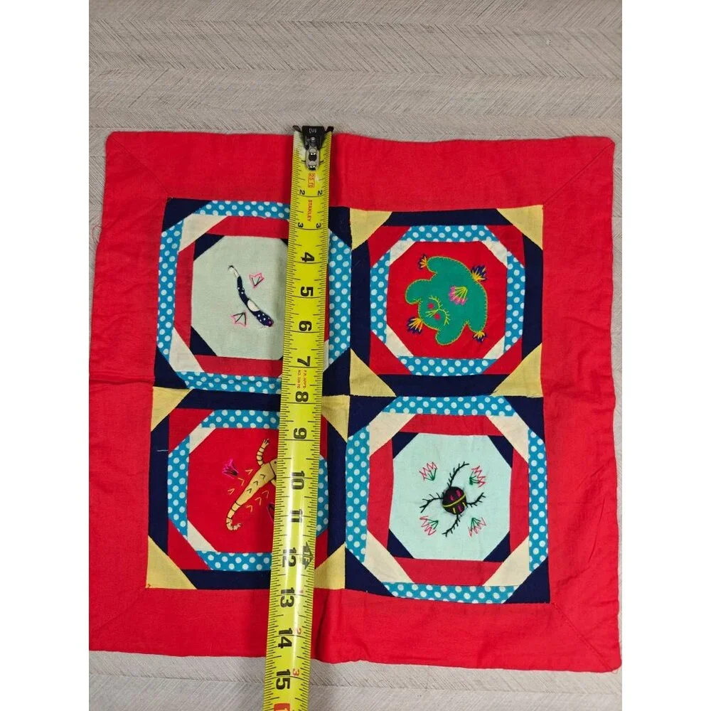 Vintage Handmade Red Throw Pillow Cover Embroidered Asian Oriental Patchwork